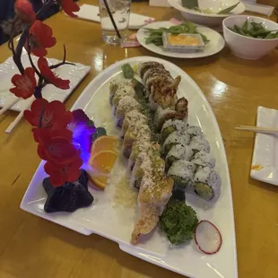 Shrimp Tempura, Mango cucumber roll and Ice Cream Sundae