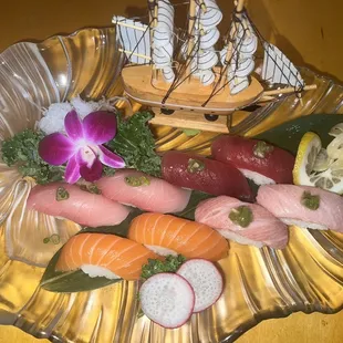 Yellowtail tuna salmon and toro sushi
