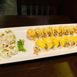 Philly roll (left), volcano roll (top right) and mango tango (bottom right)