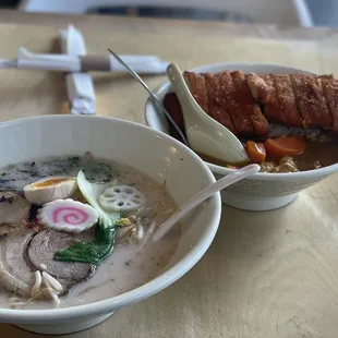 Tonkotsu ramen broth tastes unexpectedly bland and the entire bowl tastes off. Katsu curry was probably over diluted as well.