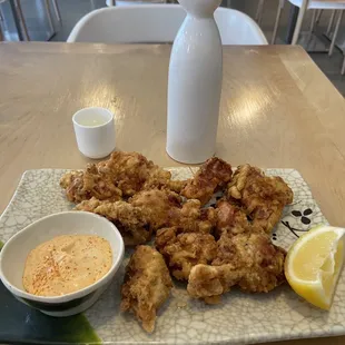 Karaage, and sake.