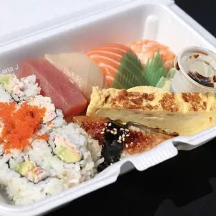 Takeout Sushi Lunch Plate Large ($12) - tuna, white fish, salmon, shrimp, unagi, egg