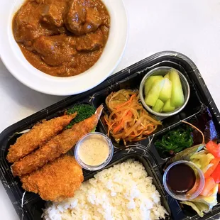 Daily Special C - Gyūtan Karē: Beef tongue curry w/ fried mackerel, shrimp, potato croquette, salad, fruit | Pick-up $19.99/Delivery $25.99