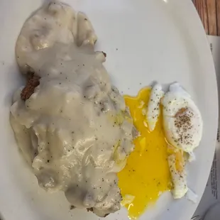 Chicken fried chicken with poached eggs
