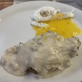 Chicken fried chicken and two poached eggs