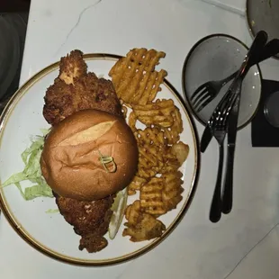 Fishi sandwich and waffle fries