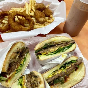 Mushroom burger and jalapeños burger. Regular fries, onion rings, and cheese popper sampler!