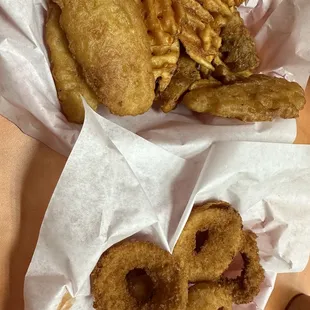 Cod &amp; waffle fry basket and onion rings