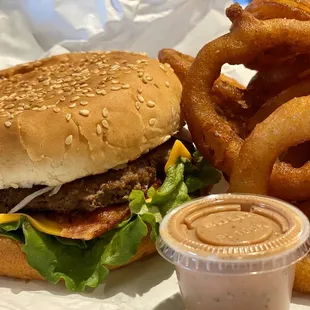 Bacon Cheese Burger with Onion Rings