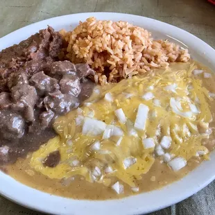 AJ's Special....enchiladas, carne guisada, rice n beans