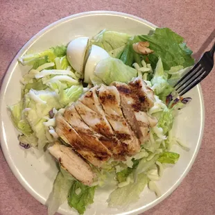 Garden salad with grilled chicken on top. Add your choice of dressing.