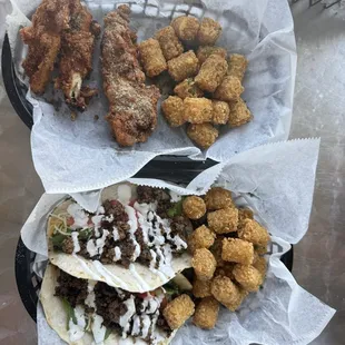 Beef tacos with tots and kids chicken fingers