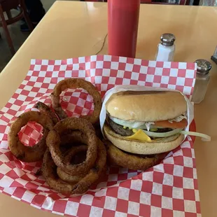 The burger basket with onion rings.