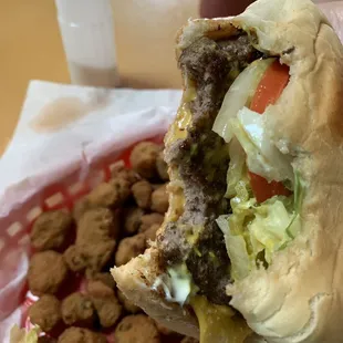 Cheeseburger and fried okra.