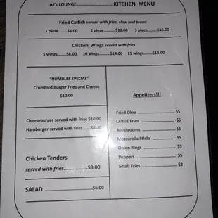 Kitchen menu.  Features two items we came for...catfish and wings.