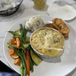 Seafood Imperial with Crostini, Red Skin Mashed Potatoes and the Vegetable Of the Day! Perfection!