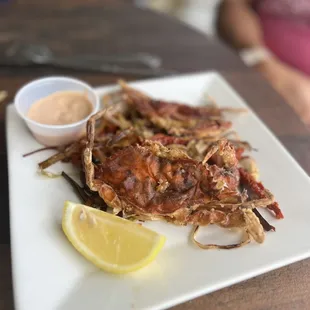 Twin crispy fried soft shell crabs appetizer