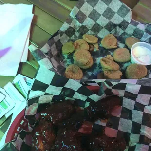 BBQ wings and fried pickles