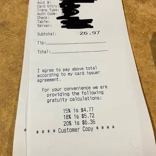 Extremely poor service, and a Interesting way to compensate for potential losses in a tip from bad service you provided.