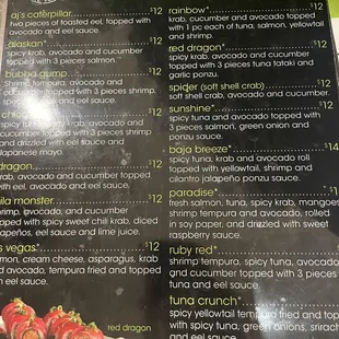 Sushi bar specialty rolls menu