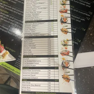 Sushi bar menu