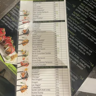 Sushi bar menu