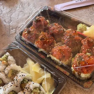 Left: 8 Piece Veggie Tempura Roll &amp; Tuna Crunch Roll