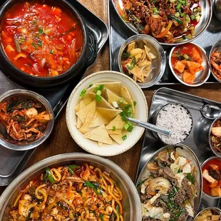 Sundubi-jjigae, seafood udon, pork bulgogi, bulgogi, and fish cake soup