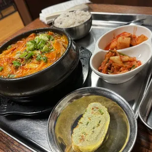 Army Stew, Rolled Egg, Kimchi, Rice