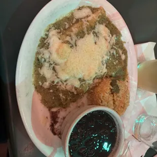 Vegetarian Cheese Enchiladas with verde sauce, black beans, and Spanish Rice (rice not vegetarian)