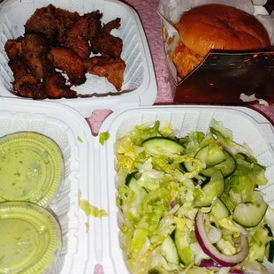 Lamb Tikka, Salad, Chicken Zinger Sandwich, Green Sauce.