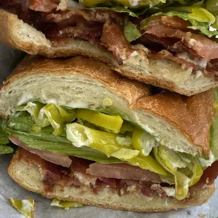BLT with extra bacon &amp; pepperoncini on a sweet roll