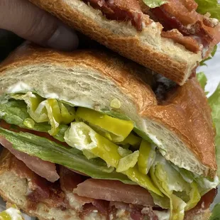 BLT with extra bacon &amp; pepperoncini on a sweet roll