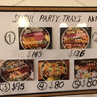 Sushi Party Tray Menu as of 1/4/2022