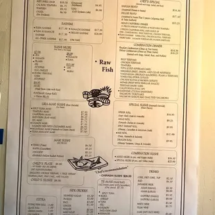 sushi and sashimi, menu
