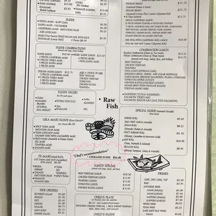 sushi and sashimi, menu