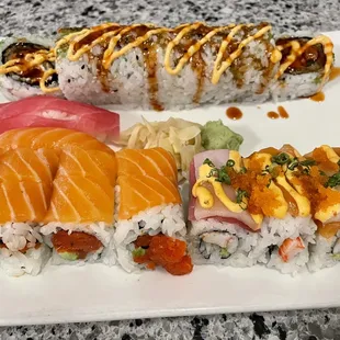 Jalapeño bomber, orange blossom and spiral ecstasy rolls plus two pieces of nigiri. So yummy!