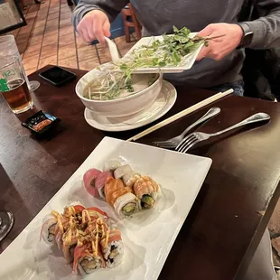 Chicken pho, rainbow roll, Maui wowie roll