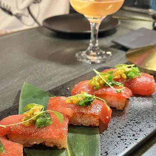 Tuna crispy rice and Life in Tokyo drink