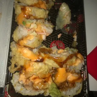 Some kind of cooked salmon roll