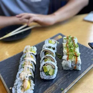 veggie dragon roll, futomaki roll, spicy dragon roll