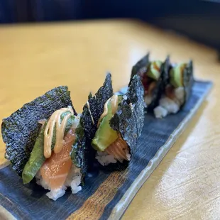 Salmon Taco (front) and Unagi Taco (back)