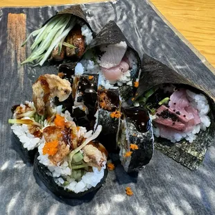 Spider and yellowtail, unagi hand rolls