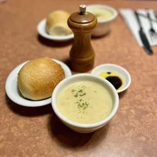 Soup and bread part of combination meal