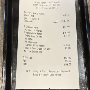 Total for 2 dining in