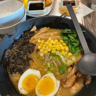 Garlic miso ramen, gyoza, and chicken karaage (some of the best we&apos;ve had)