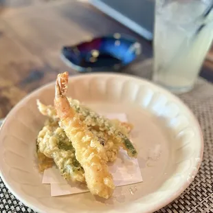 Fish (shiso and seaweed wrapped) and veggie tempura