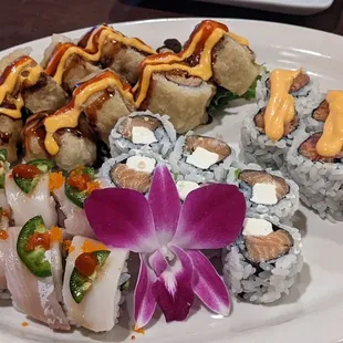 Godzilla roll, mt. Figi roll, spicy tuna roll, salmon cream cheese roll.