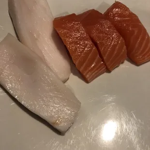 Deliciously thick sashimi (white tuna and salmon).
