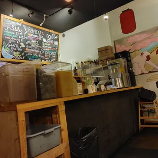 a view of a restaurant counter